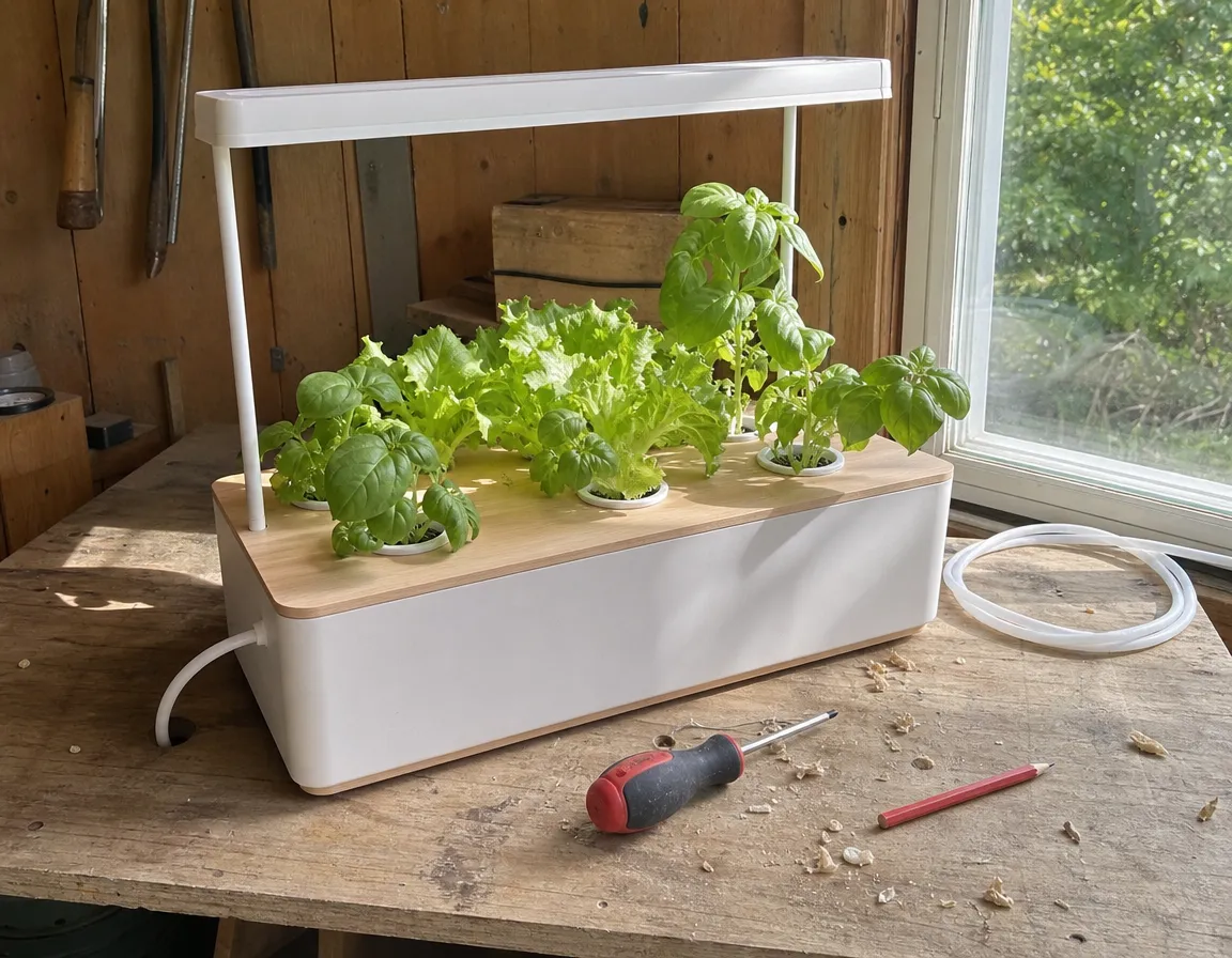 Hydroponiskt odlingssystem med basilika och sallad på en arbetsbänk i verkstaden